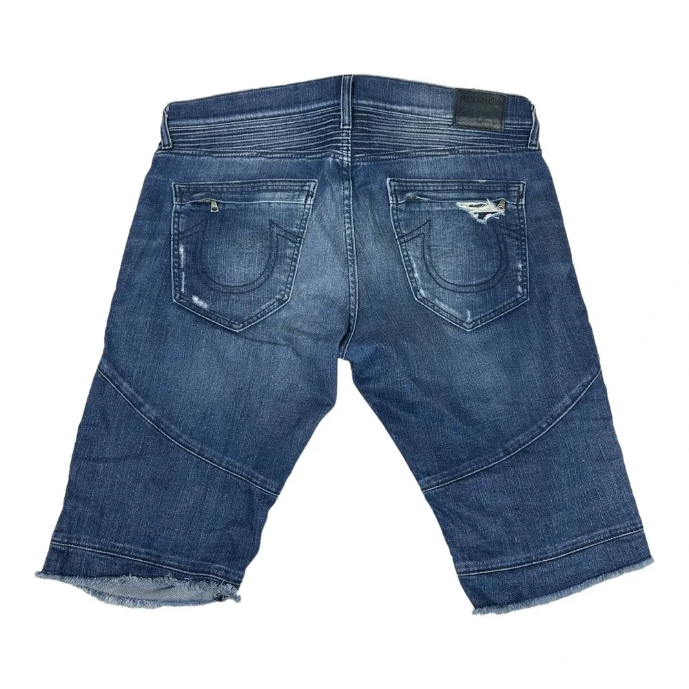 True Religion Geno Relaxed Slim Moto Mens Blue Denim Shorts Size 36 Distressed